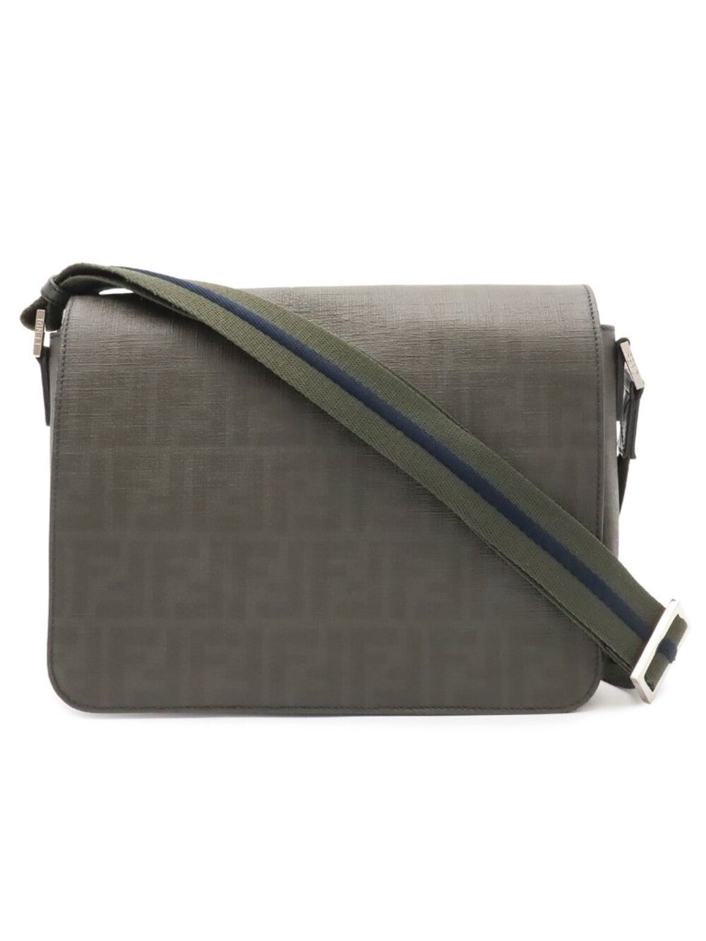 Fendi Zucca Pattern Shoulder Bag Striped Leather Khaki Green Brown